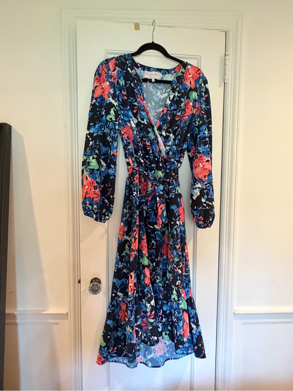 Charles Henry Navy Floral Wrap Dress with Coral & Aqua Accents